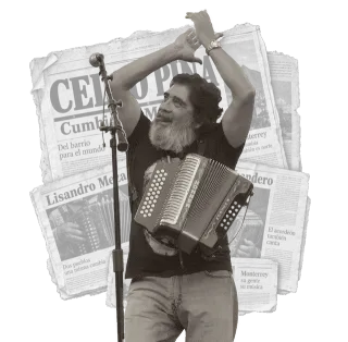 Celso Piña with his accordion, layered over an illustrative newspaper collage